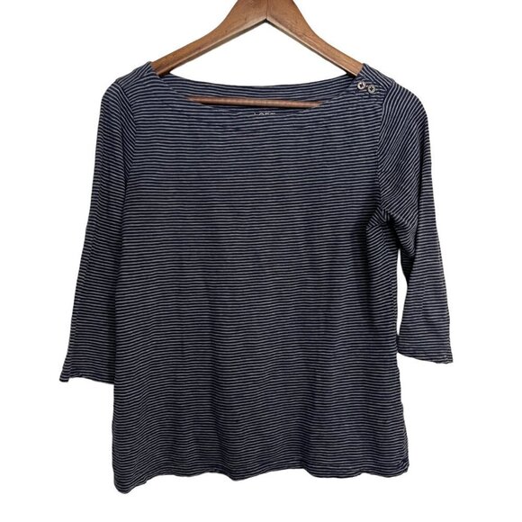 LOFT Womens Blue Gray Striped Boat Neck Button Accent 3/4 Sleeve Blouse Medium - Picture 1 of 6